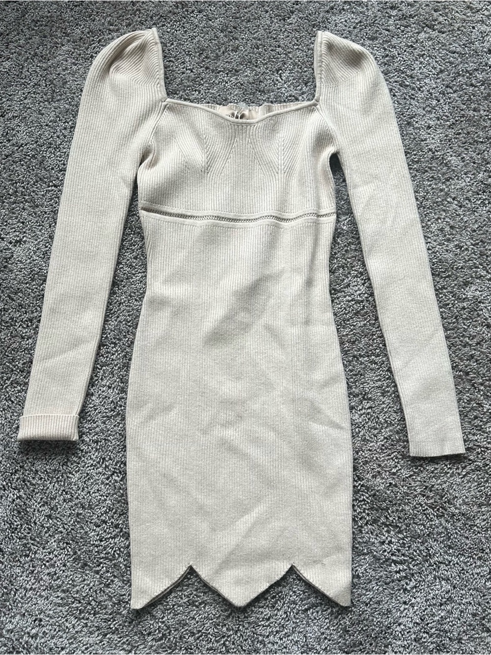 Square-Neck Long Sleeve Knit Dress in Light Cream